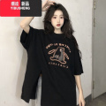 YIBUSHENG胖mm2-300斤美式复古小熊短袖t恤女oversize宽松别致开叉上衣恤