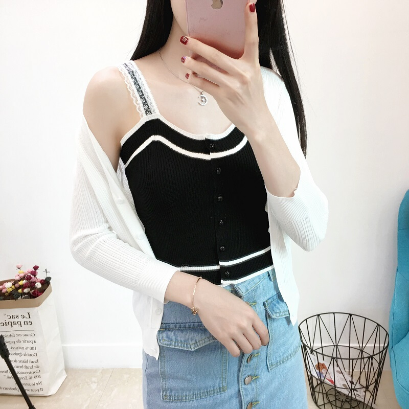 2018夏季修身短款露脐显瘦带蕾丝纽扣撞色针织背心女装白色均码
