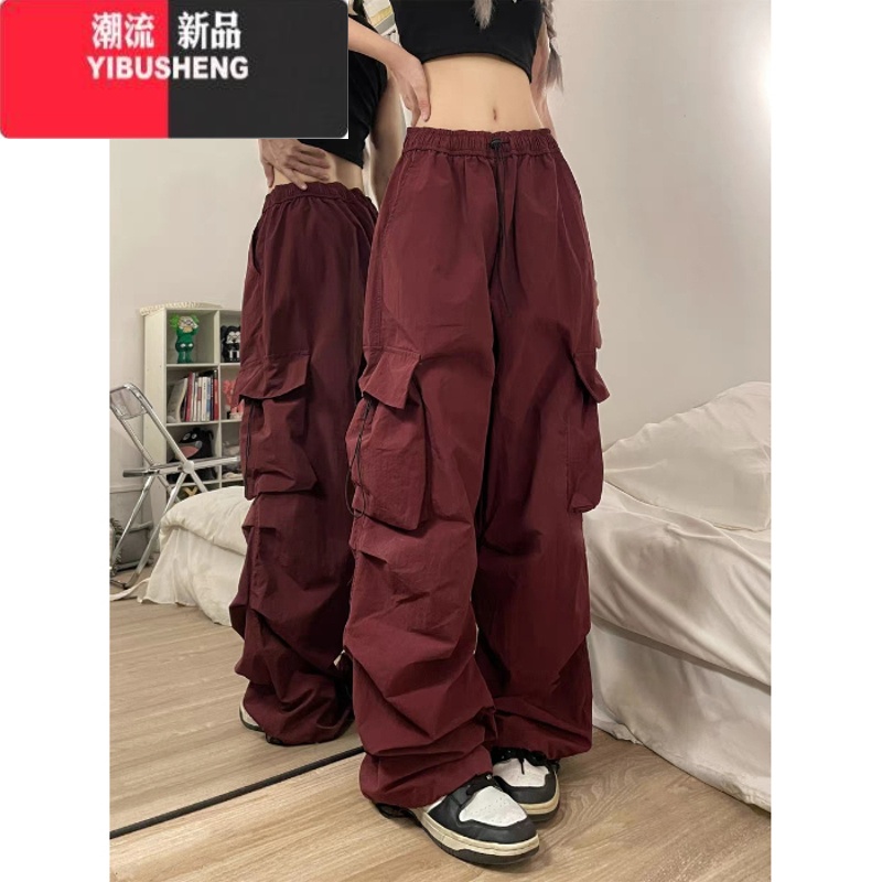 YIBUSHENG黑色美式辣妹工装裤休闲裤女垂感显瘦直筒阔腿裤拖地长裤子潮 酒红 L