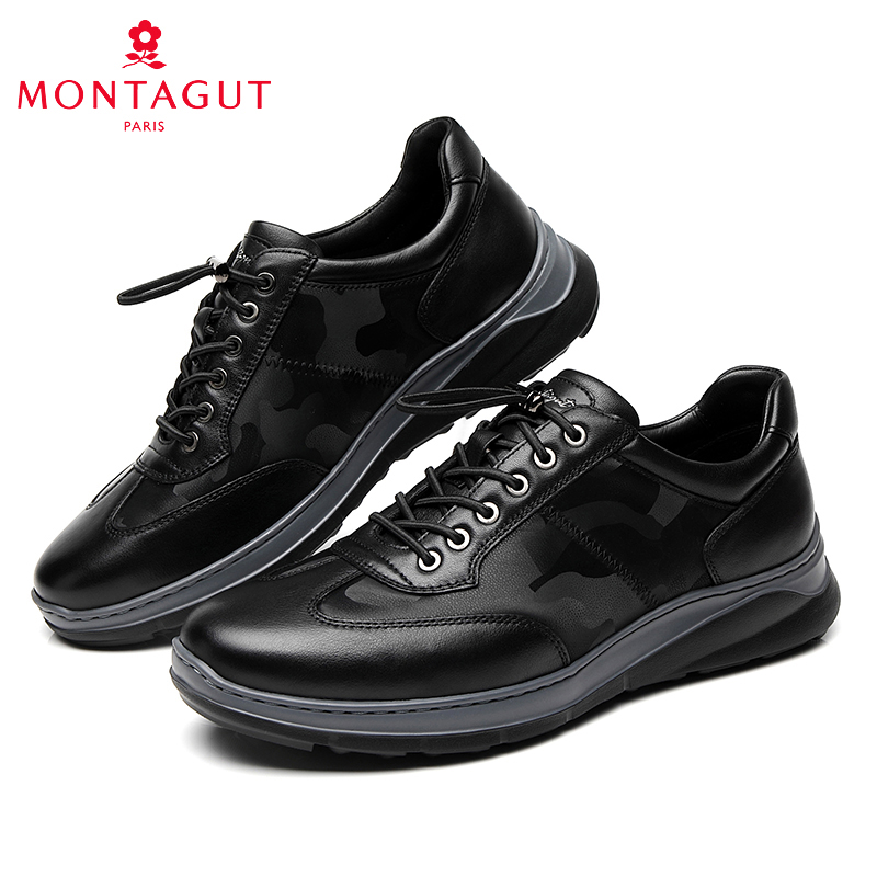 梦特娇男鞋春秋季新款牛皮真皮系带皮鞋轻质运动户外休闲鞋