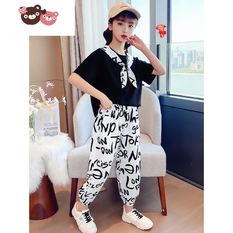 绿彩虹光女童夏装套装2022新款洋气中大童时髦夏季薄款儿童短袖运动两件套