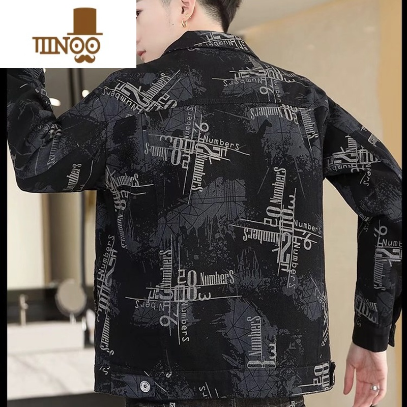 YANXU2023秋季字母印花牛仔外套男士潮牌宽松百搭韩版翻领夹克休闲上衣高清大图