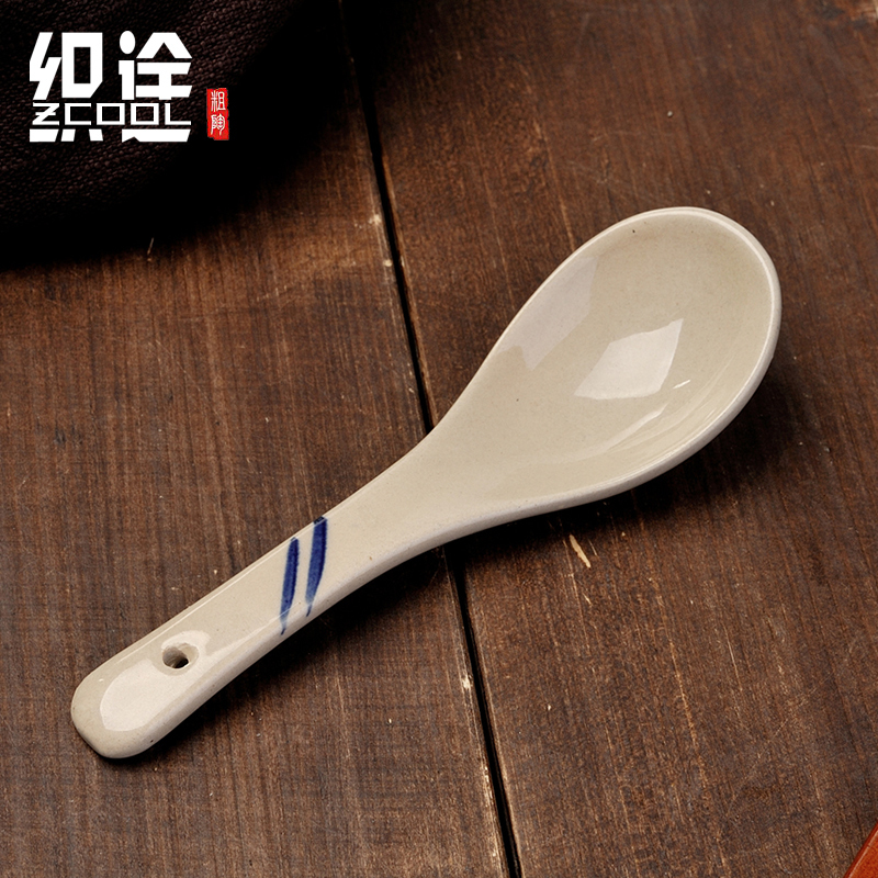双线调羹6个装 创意个性日式和风古朴还手绘蓝线陶瓷陶艺手绘餐具小汤勺调羹饭勺