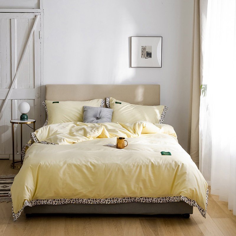 美帮汇款四件套全棉全棉床单布料面料床上用品少女心双人被单简约 嫩鹅黄豹纹 2.0米床四件套【适合被子尺寸220*240】