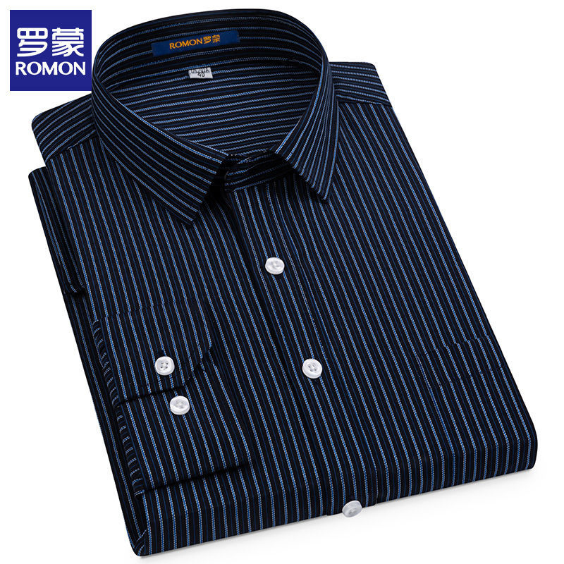 罗蒙男士长袖衬衫春秋季休闲免烫抗皱中老年爸爸装格子条纹衬衣男视频