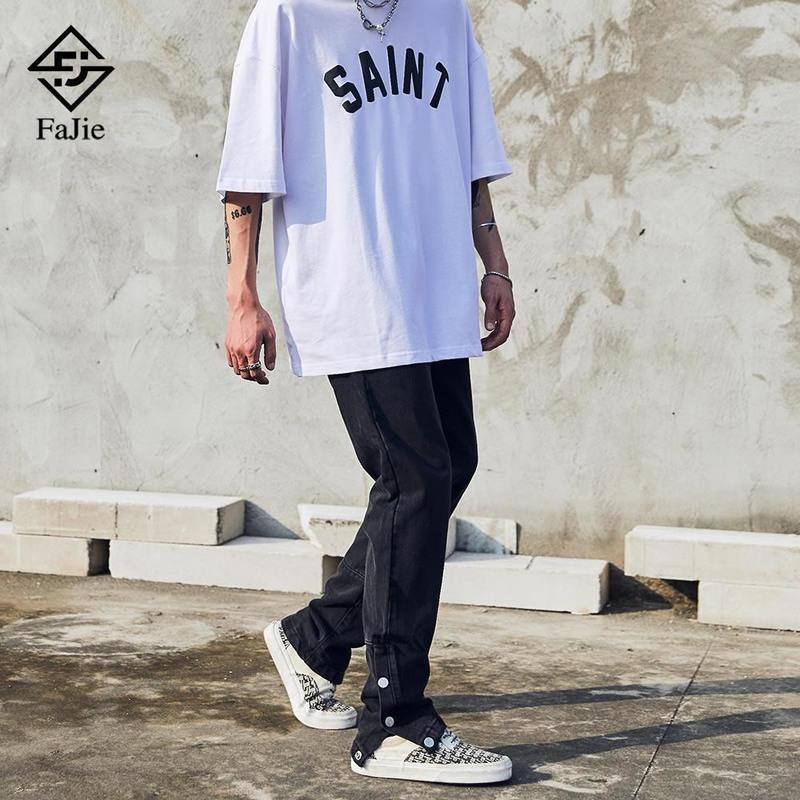 高街vibe风格浅蓝色修身牛仔裤男潮牌裤子侧开叉排扣长裤纽扣裤子 黑色（排扣可打开） 629# S 80-95斤