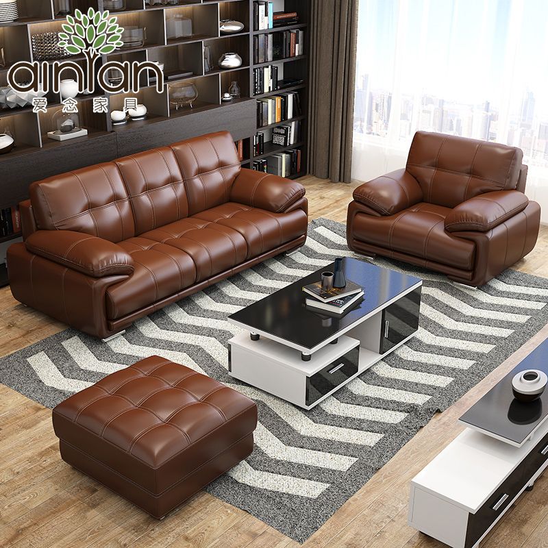 四人黑皮沙发组合大小户型简约现代直排办公123真皮沙发3三人位