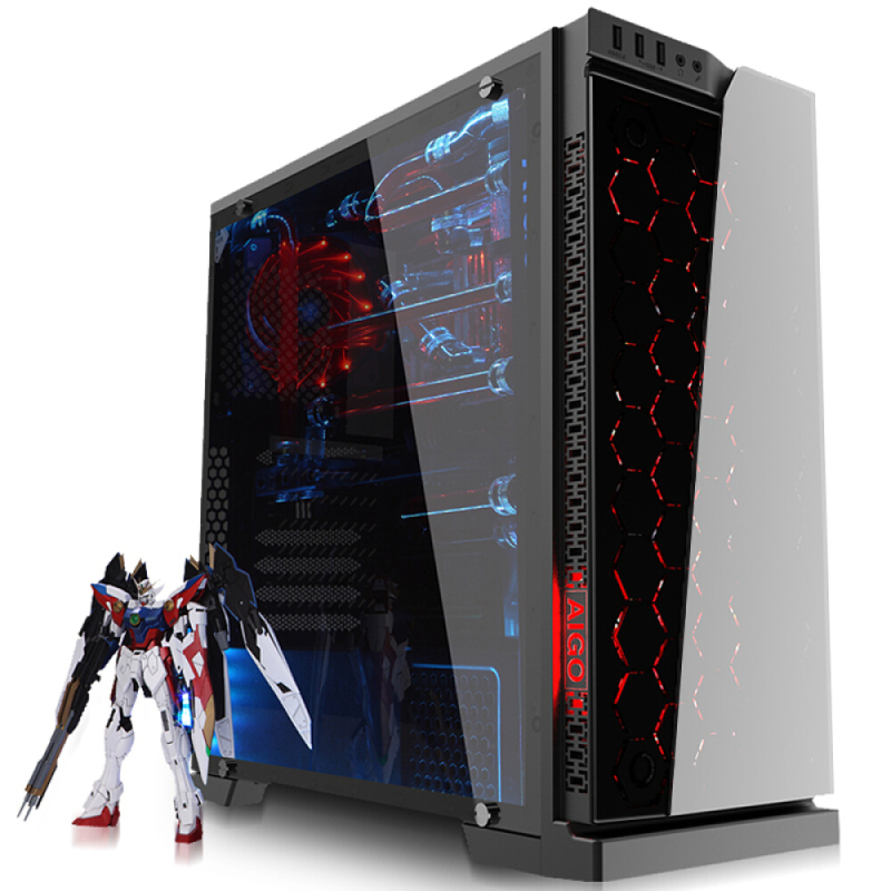 爱国者aigo炫影黑电脑机箱配3把发光风扇支持atx主板蜂窝玻璃面板背线