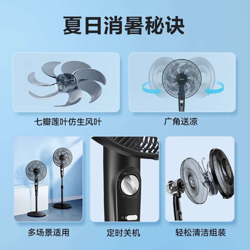 美的(Midea)电风扇 落地扇小风扇家用立式节能七叶大风量风扇宿舍卧室轻音节能空气循环电扇 SAF35MA[黑色]