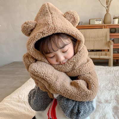 儿童款-咖啡色(建议3-10岁) 小熊帽子围巾手套一体加厚亲子秋冬季围脖围巾骑车手套