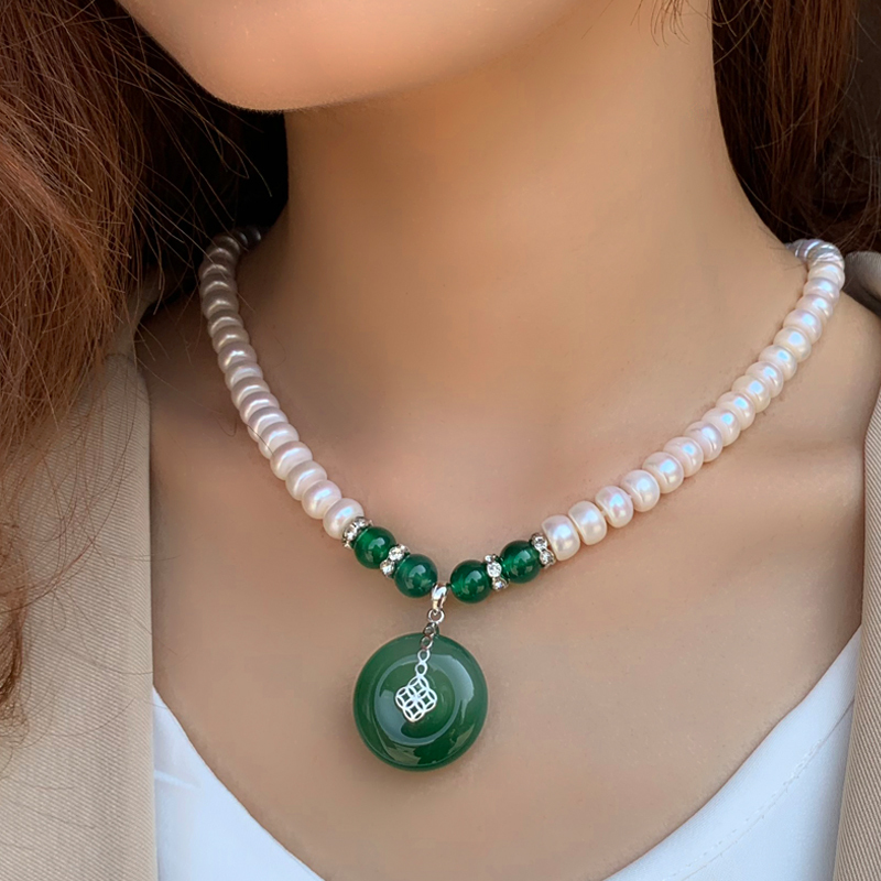 海瞳玉石平安扣珍珠项链送妈妈生日礼物女款带玛瑙玉髓吊坠s925银送