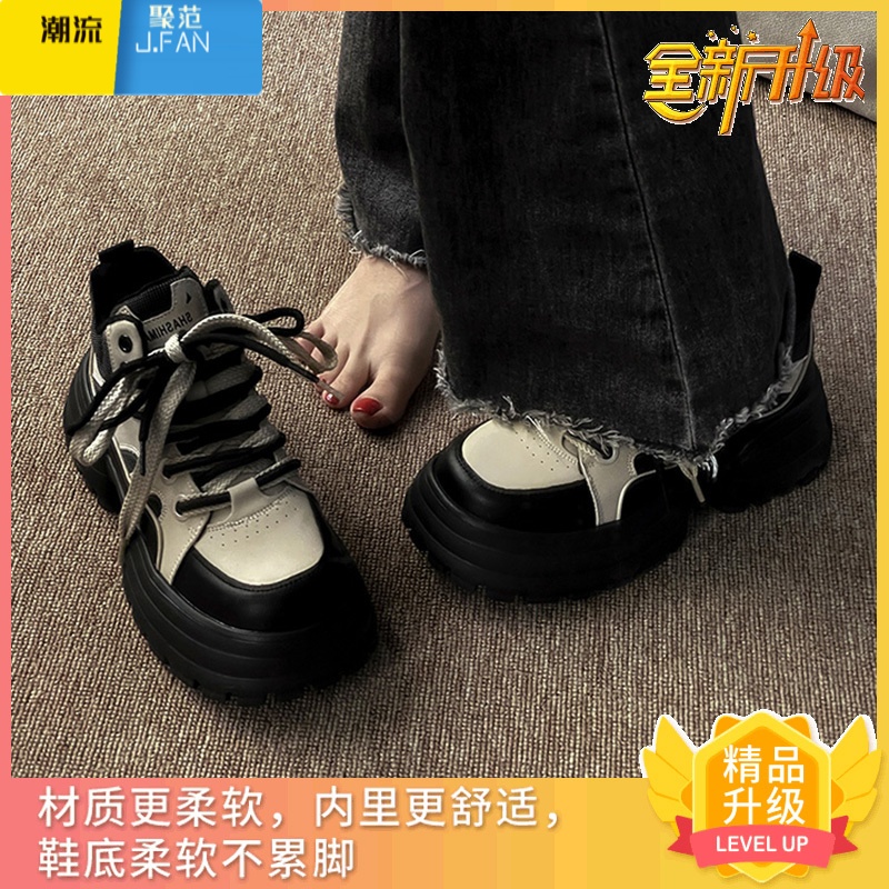 聚范2023秋季松糕厚底增高高帮鞋女潮百搭方头系带款网红舒适秋款 36 黑色(升级版)