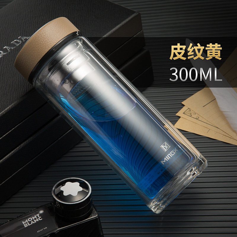 玻璃杯商务水晶杯 便携水杯透明茶杯子双层隔热保温防烫 黄色300ml