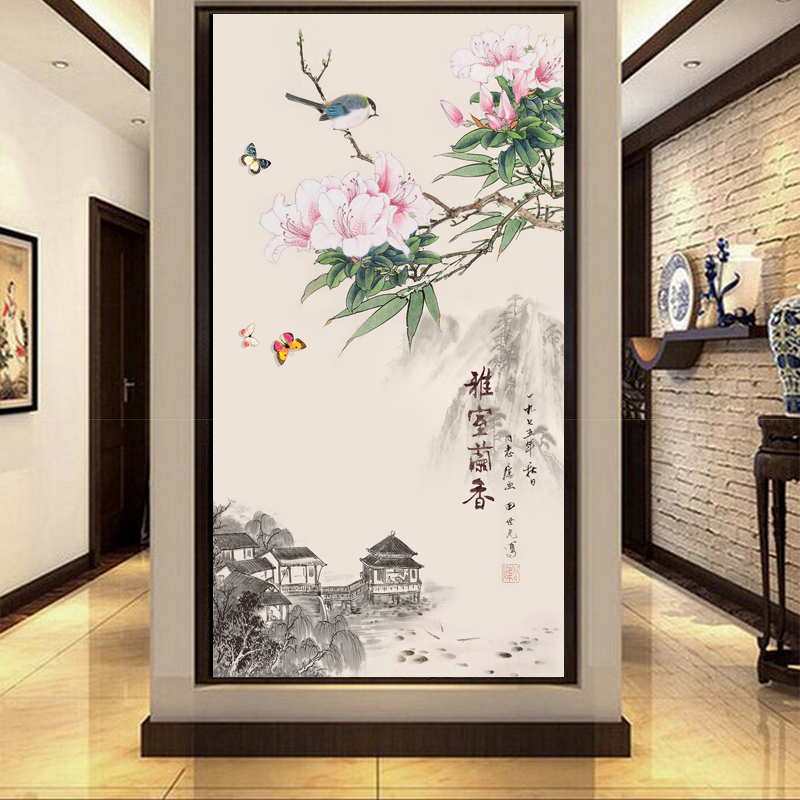 无缝中式个性定制壁画百福图玄关走廊山水花鸟背景墙沙墙布墙纸壹德壹