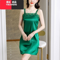 YIBUSHENG蕾丝性感v领吊带连衣裙女士季新款醋酸缎面气质内搭打底背领G 5XL建议150-160斤 325绿色