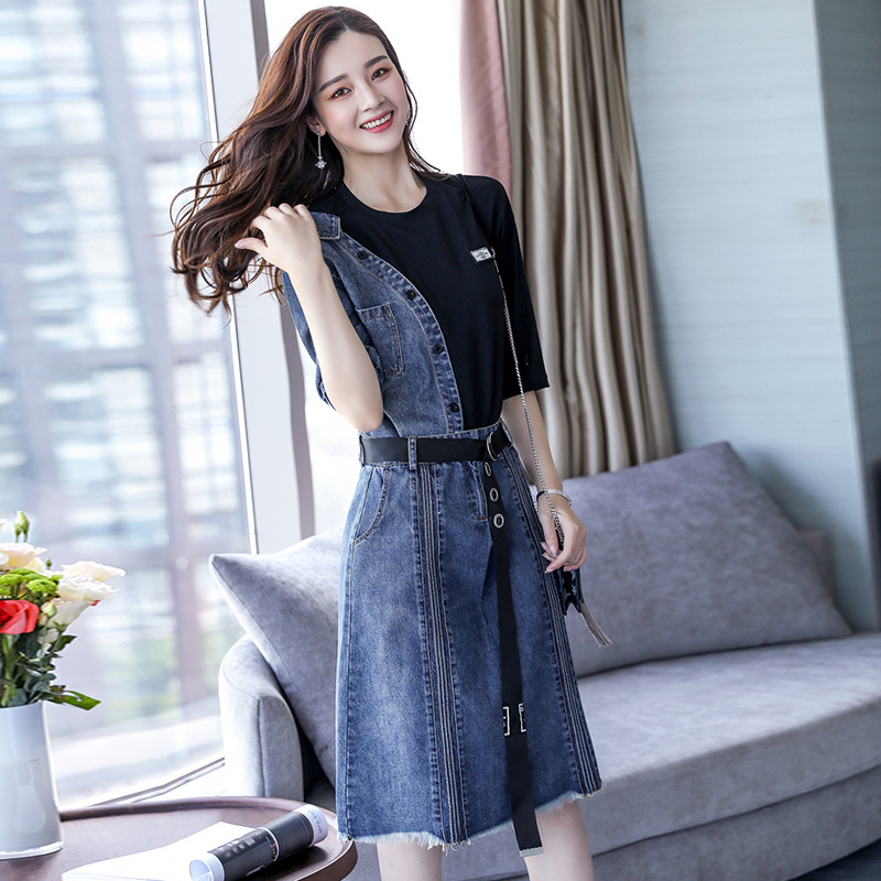 春夏装女士新品名媛女装修身韩版时髦休闲套装欧美牛仔个性连衣裙