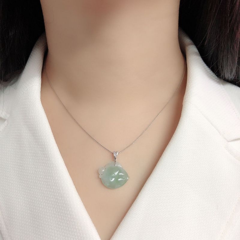 缘源珠宝 年年有余 翡翠吊坠18K金镶嵌 糯种翡翠金鱼吊坠 女款 自戴送人礼物 不含链