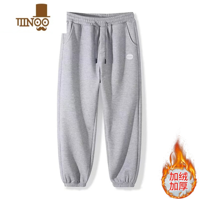 YANXU华夫格卫裤男休闲运动ins潮流痞帅垂感男生束脚宽松加绒裤子 3XL建议145-160斤 灰色加绒款