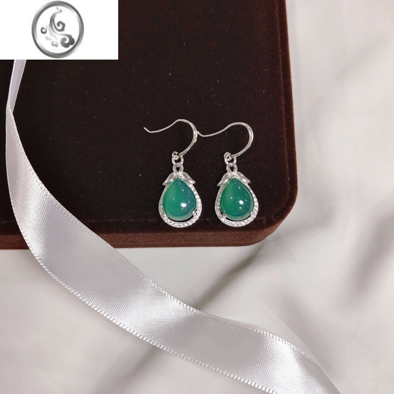 jimi香港正生s925银银绿玉髓耳环耳吊女简约气质高雅耳饰送妈妈节日礼