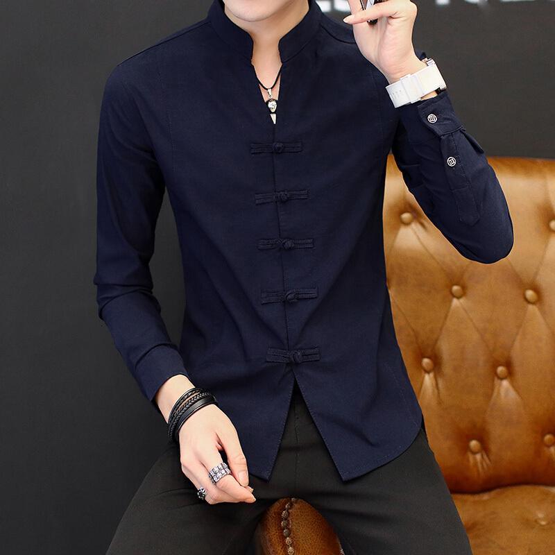 中风衬衫男长袖复男士衬衣立领唐帅气秋季薄款休闲白寸衫