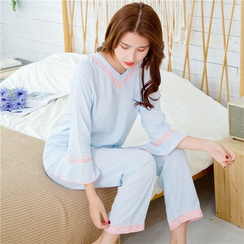 波迷娜(BOMINA)女式睡衣套装春夏款2021睡衣儿童夏季新款人棉长袖套装V领薄款棉绸两套睡衣服