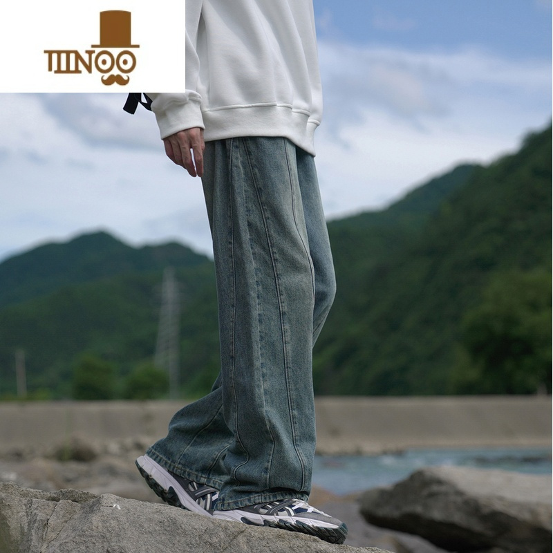YANXUE023秋装男士宽松牛仔裤380g复古做旧水洗百搭直筒潮牌长裤子