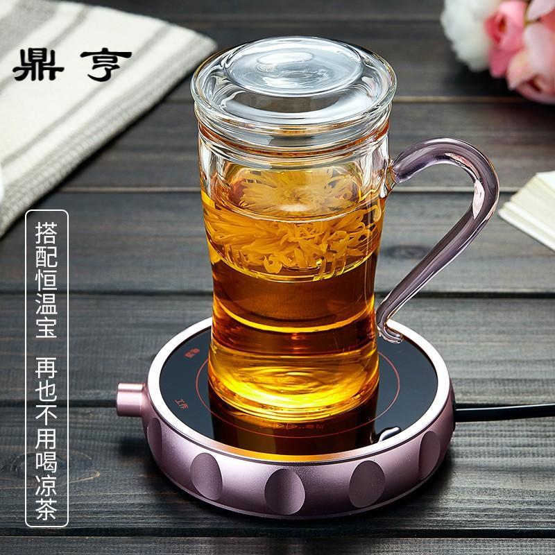 鼎亨玻璃茶杯 透明 加厚 过滤 带盖办公杯带手柄 创意 玻璃水杯