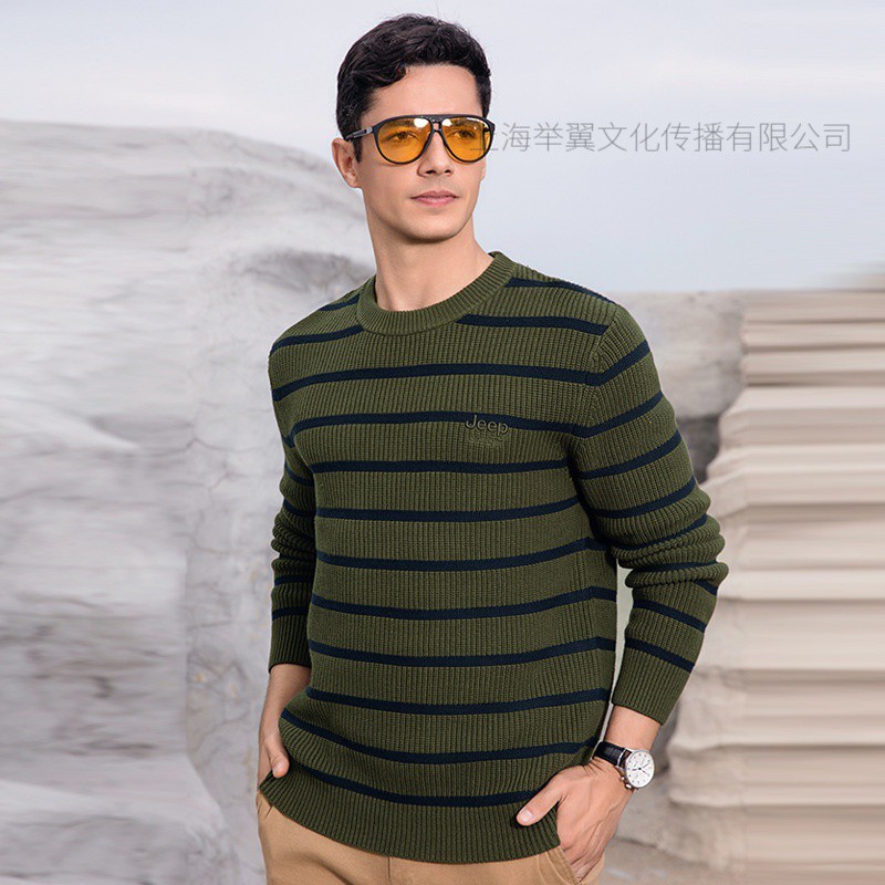 Jeep spirit吉普男士圆领毛衣百搭冬季新款针织上衣服宽松间色条纹潮高清大图