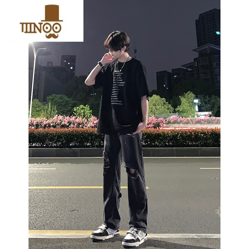YANXU黑色破洞牛仔裤夏季薄款男工装显腿长裤子高街美式vibe直筒微喇裤
