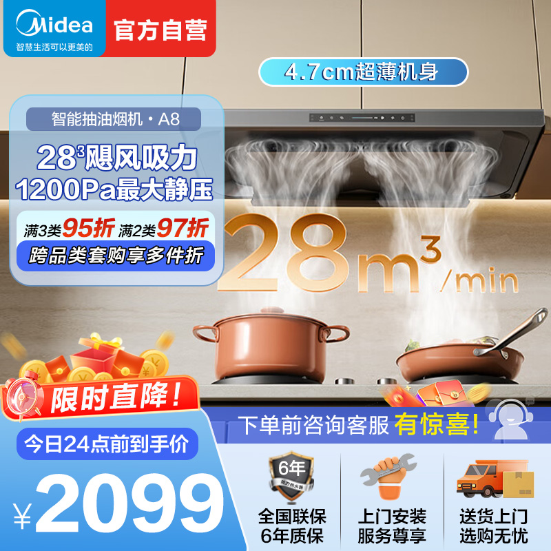 美的欧式吸油烟机28m³大吸力1200Pa强静压自动清洗挥手智控CXW-140-A8高清大图