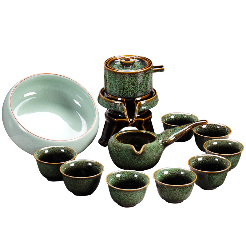 茶具套装家用功夫茶杯客厅烘焙精灵懒人简约现代半自动整石磨盘陶瓷泡茶壶 11头窑变天目釉盖碗茶壶套装+茶艺礼包 10件