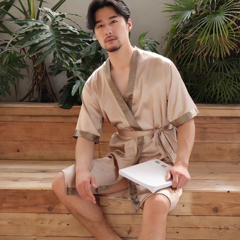 男士夏季睡袍短袖仿真丝睡衣男浴袍仿蚕丝短袖性感家居服