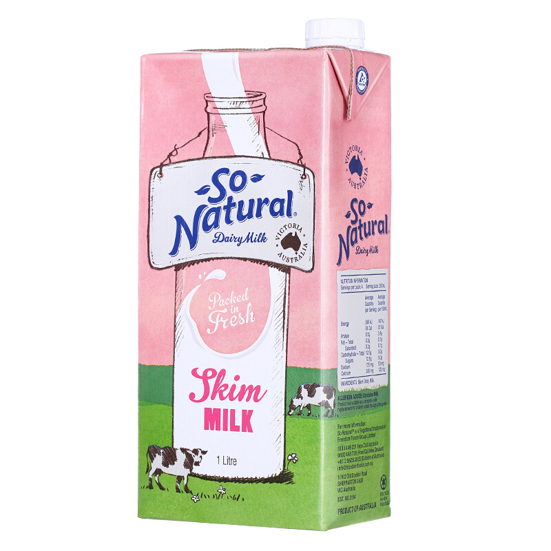 澳大利亚 原装进口牛奶 澳伯顿So Natural 脱脂纯牛奶 1L*12 整箱装