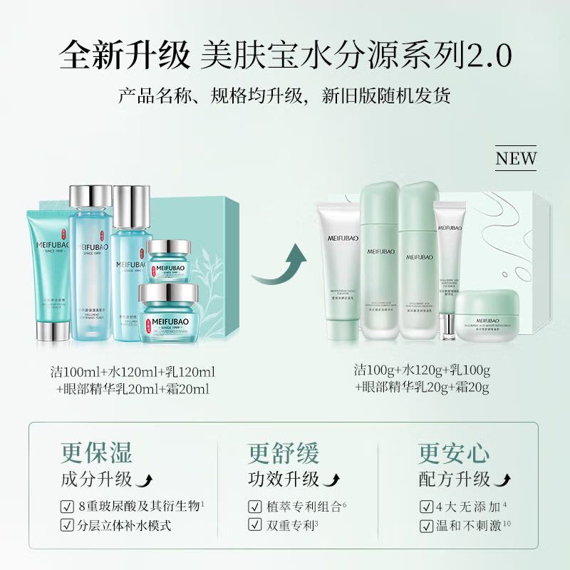 (MEIFUBAO)美肤宝套装护肤套装 水份源保湿特惠礼盒 洁面+水+乳+眼部精华乳+保湿霜 保湿补水 新老款随机发图片