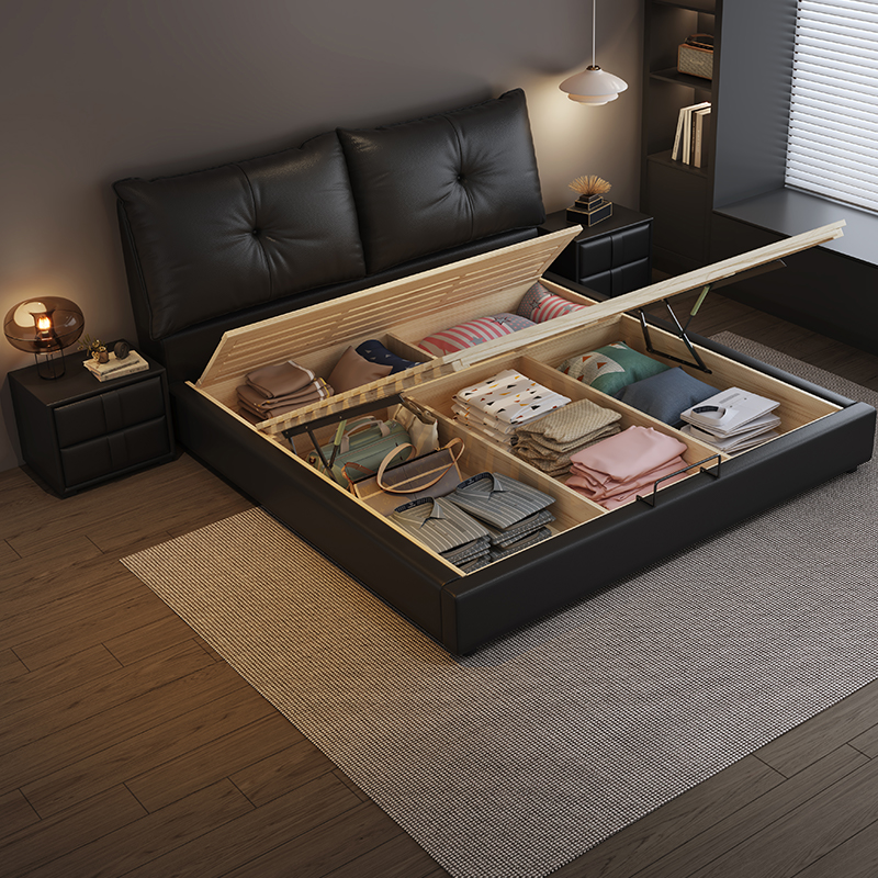 意式轻奢真皮床现代简约主卧室双人床黑色家用储物床软包实木婚床高清大图