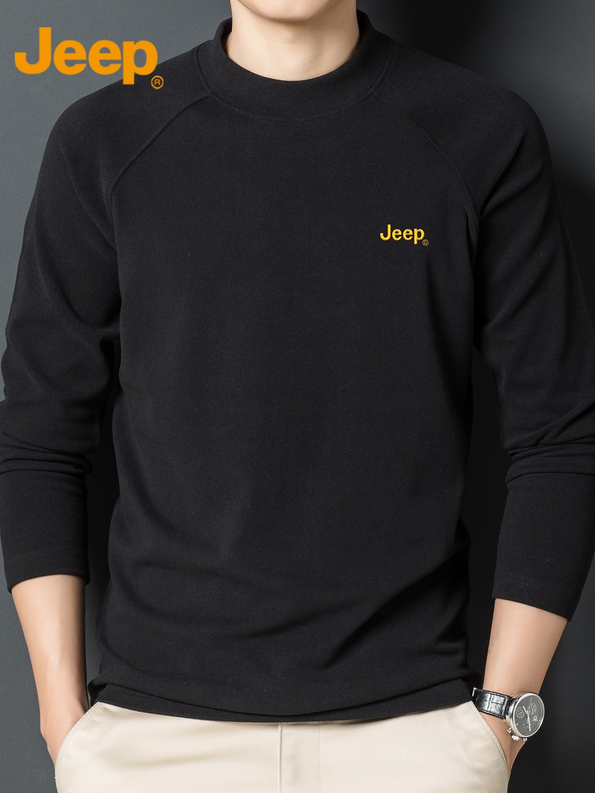 Jeep吉普德绒长袖t恤男士半高领休闲上衣2025年秋季保暖打底衫e高清大图