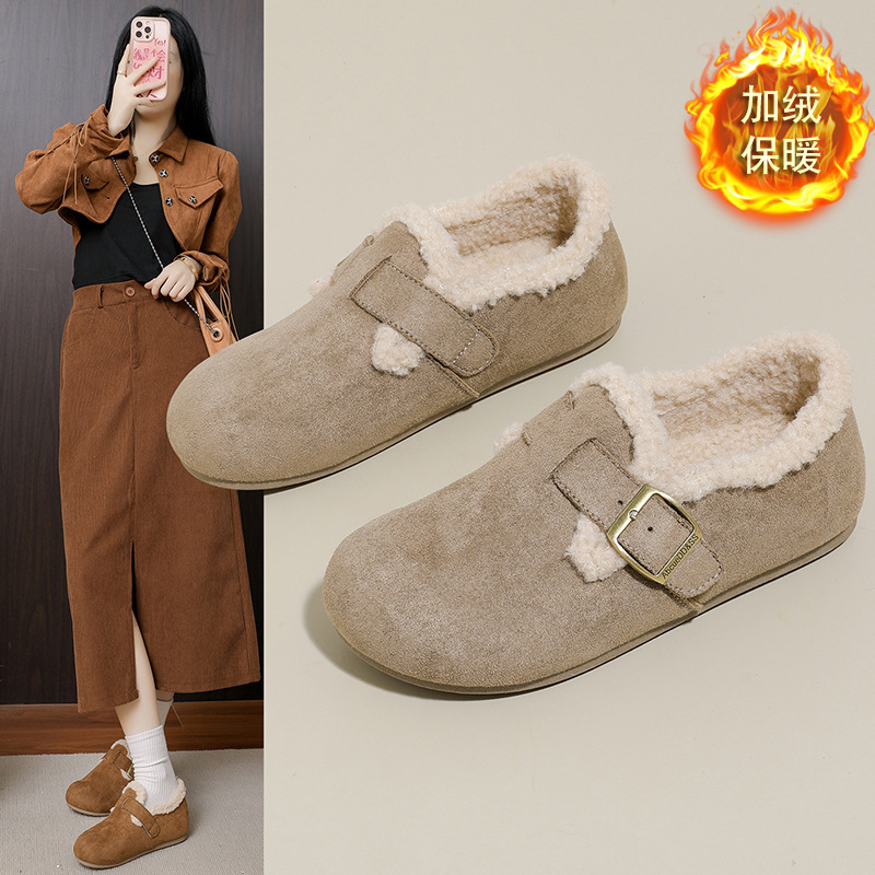 加绒勃肯鞋女外穿新秋冬一脚蹬博肯单鞋厚底半拖毛毛鞋