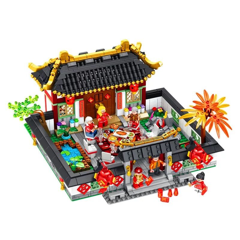中国风6拼装7立体拼图玩具8积木男孩子10岁儿童新年 年夜饭礼盒1566PCS高清大图