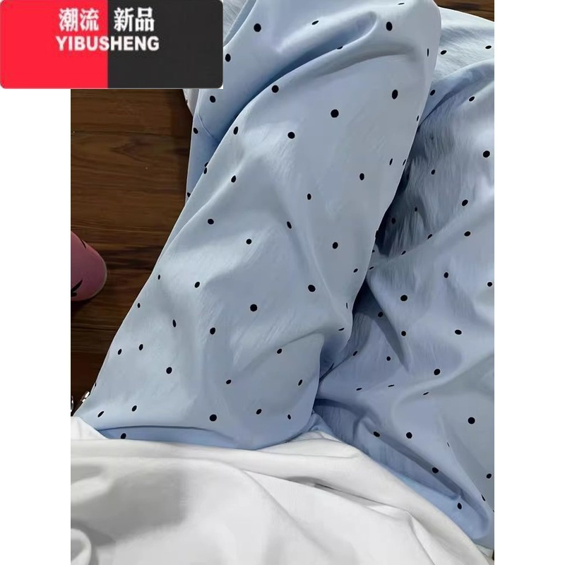 YIBUSHENG韩系松弛感蓝色波点休闲裤女季新薄款小个子宽松直筒遛弯阔腿裤