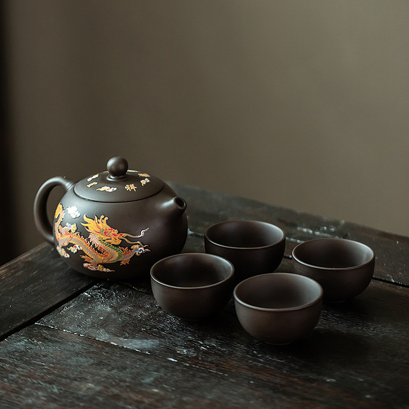 华普思茶具凤鸣遇热变色紫砂壶手工龙凤呈祥大号茶壶泡茶壶 变色凤鸣西施壶一壶四杯