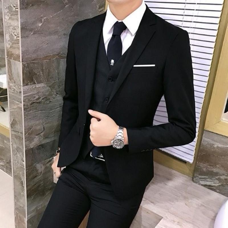 2020西服套装男三件套修身休闲西装职业商务正装外套新郎结婚礼 黑色（单件上衣） M