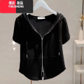 YIBUSHENG300斤大码女装设计感连帽短袖T恤季新款胖mm开衫拉链运动上衣斤