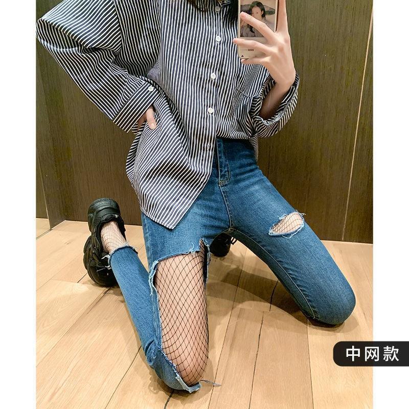 jk渔网袜连裤丝袜夏ins潮大网格黑丝袜子女长筒情趣连体性感字母