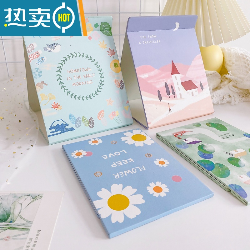 敬平ins风便携折叠化妆镜家用可爱大号宿舍梳妆镜学生桌面台式小镜子 杏色 小号-蓝格小花便携式用镜高清大图