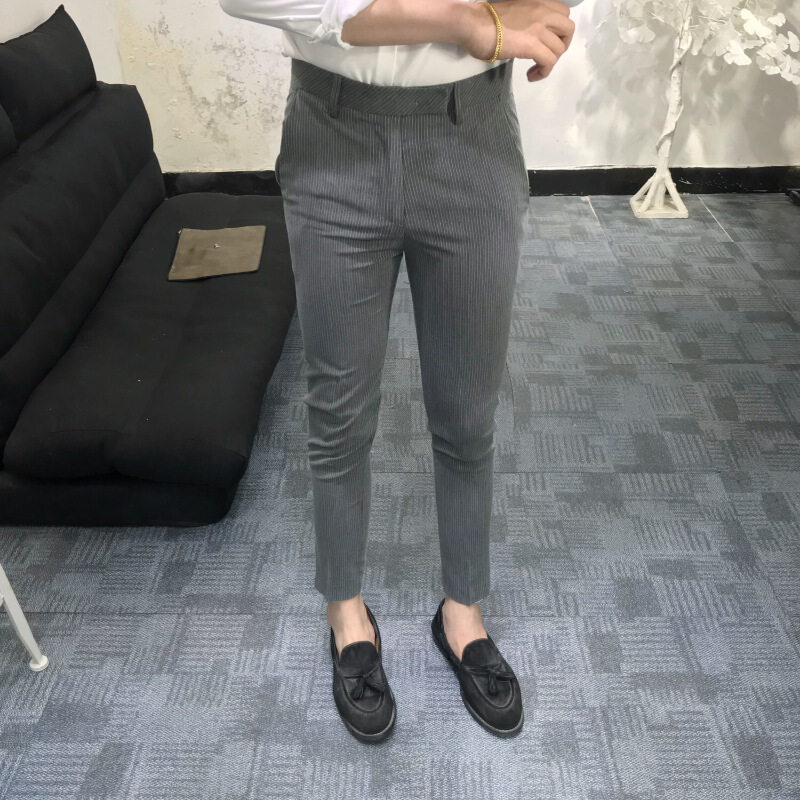 韩国新款潮流百搭条纹休闲裤男士韩版修身青年时尚小脚九分西裤 灰色 28