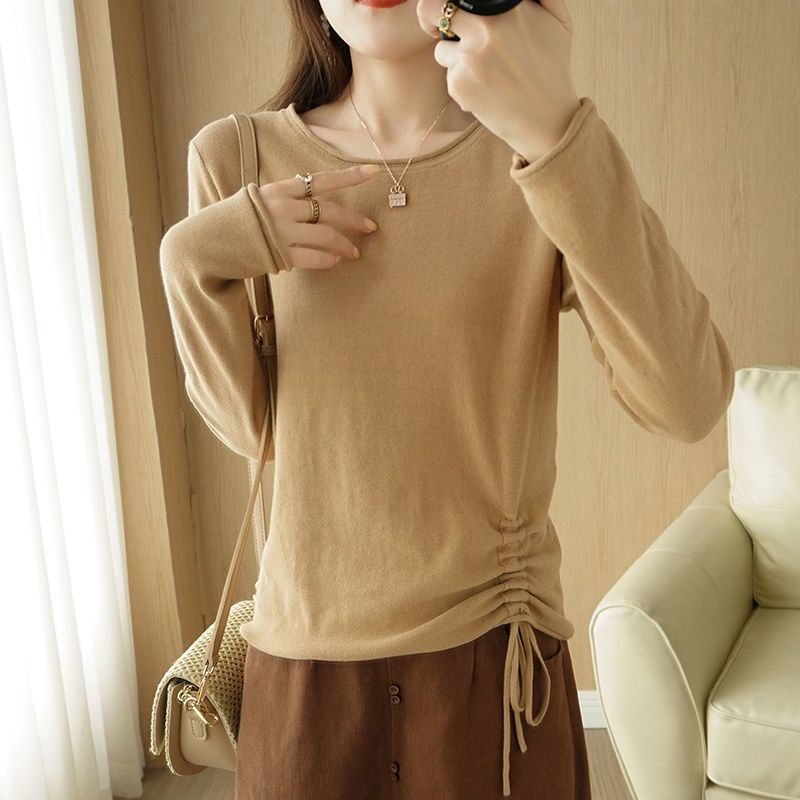 秋冬新品棉圆领女针织衫长袖外穿韩版抽绳色显瘦宽松打底衫