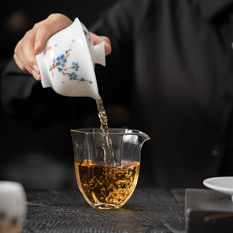 MULTIPOTENT功夫茶具三才盖碗手绘羊脂玉白瓷梅花薄胎瓷泡茶碗精美伴手礼盒