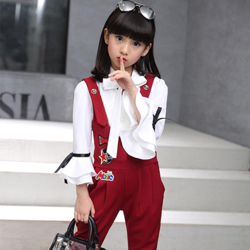 女童套装2021新款春秋洋气中大童背带套装小学生小女孩时髦两件套 黑色 背带长裤+九分袖衬衫套装 130 适合120cm