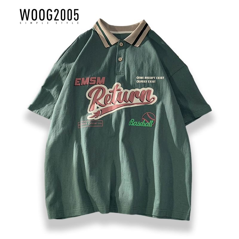 WOOG2005撞色翻领polo衫短袖男生夏季潮牌港风潮流宽松百搭t恤衫