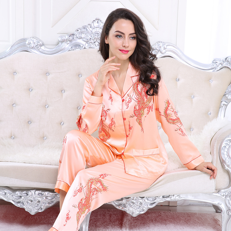 诗贝妮22姆米真丝睡衣长袖套装女士100桑蚕丝龙凤婚庆重磅丝绸家居服